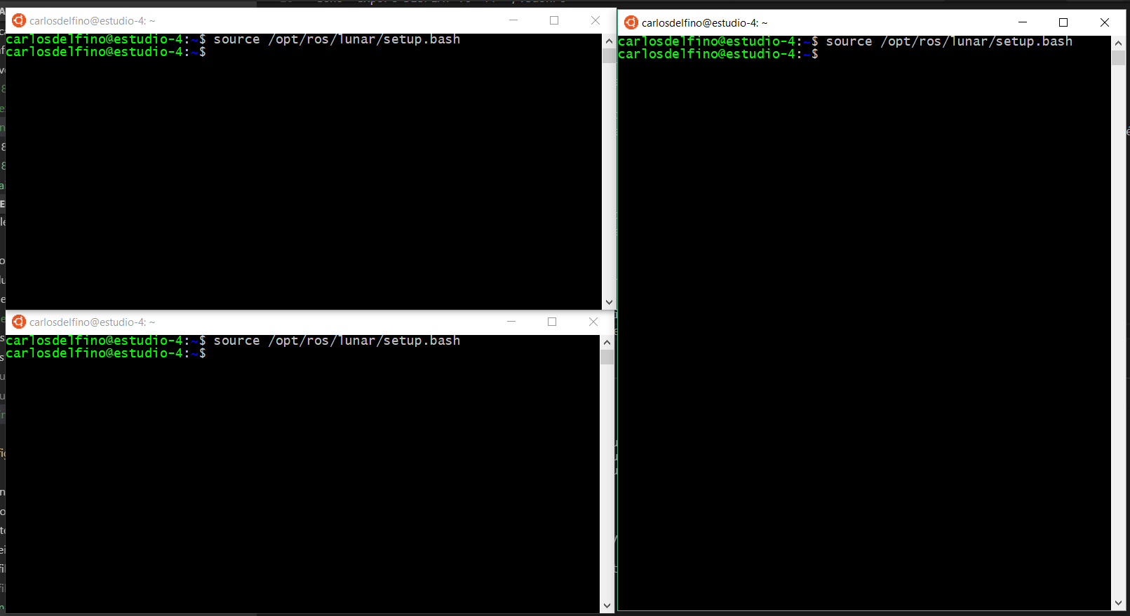 Três janelas ROS no Linux-WSL
